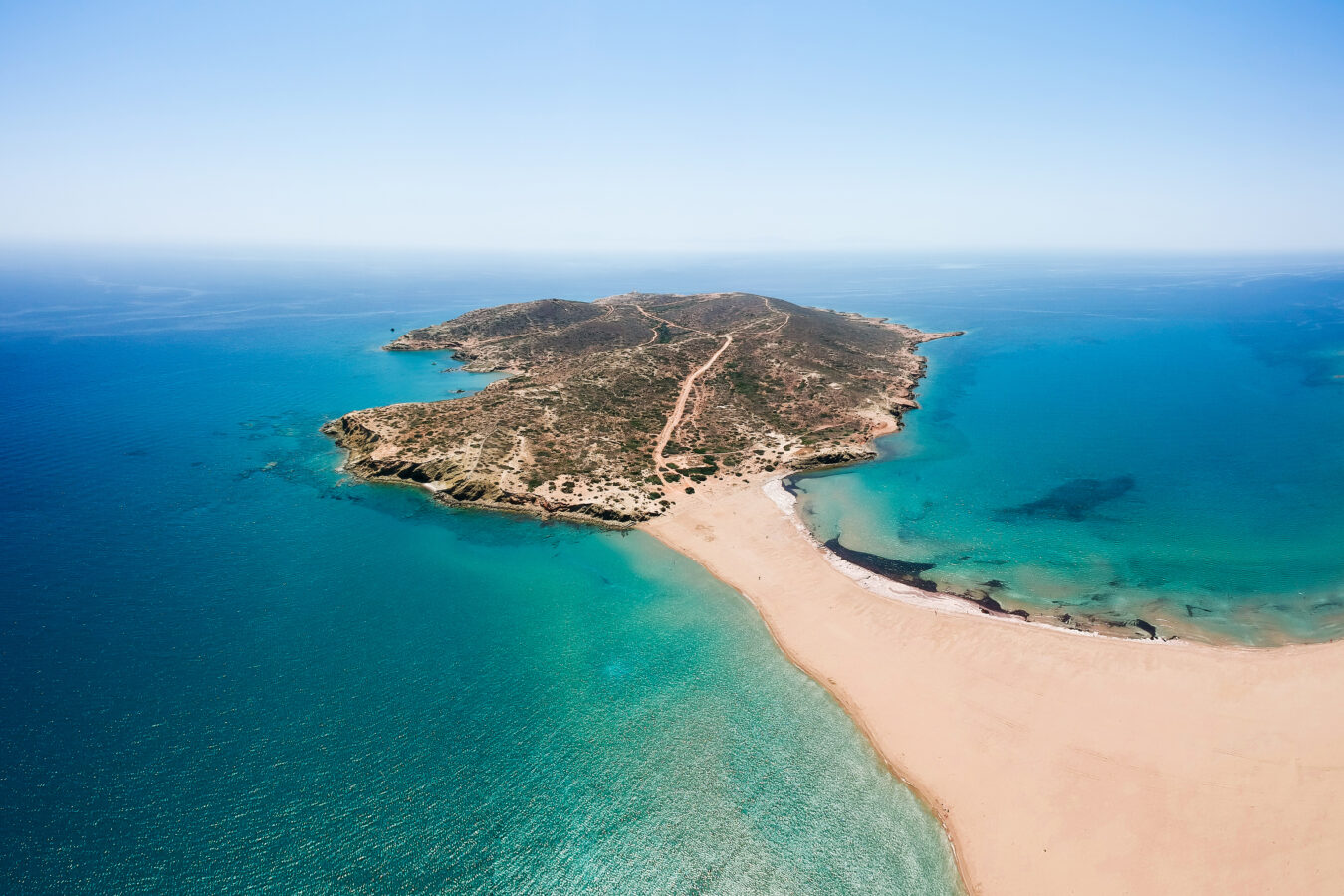 The twin sands of the stunning Prasonisi Beach, one of the nicest beaches in Rhodes.