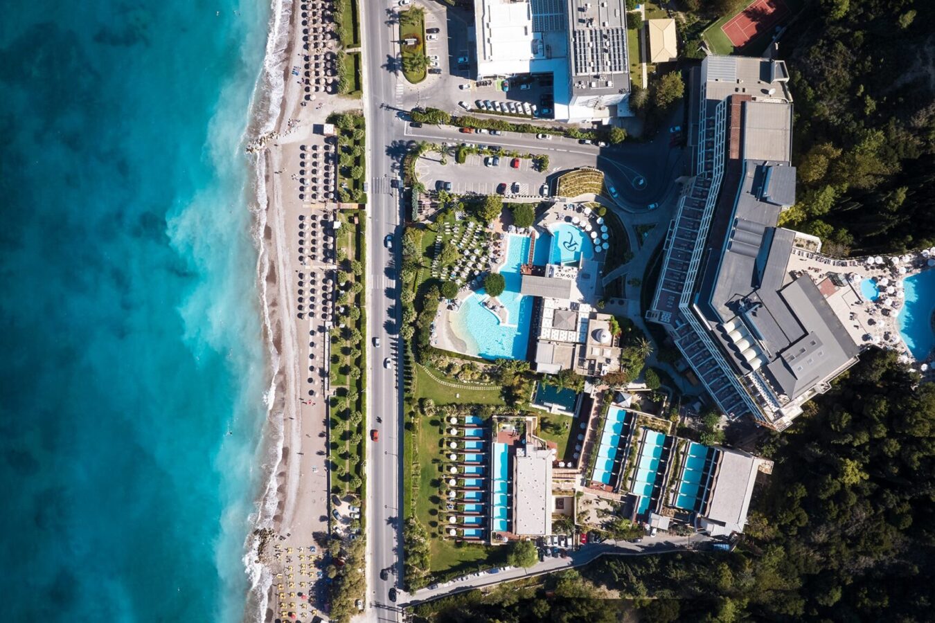 Aerial view of Amus Hotel & Spa by H Hotels Collection, the newly re-branded hospitality complex of the formerly known Rhodes Bay Hotel and Elite Suites.