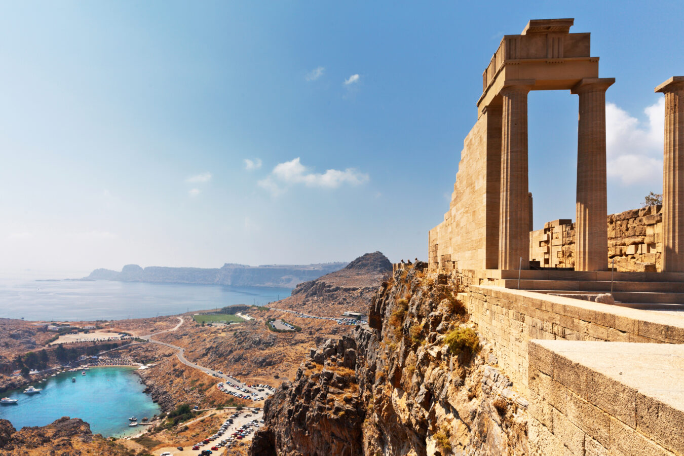 View from the Acropolis of Lindos overlooking St Paul's Bay and the coastline, one of the top things to do in Lindos, Rhodes.