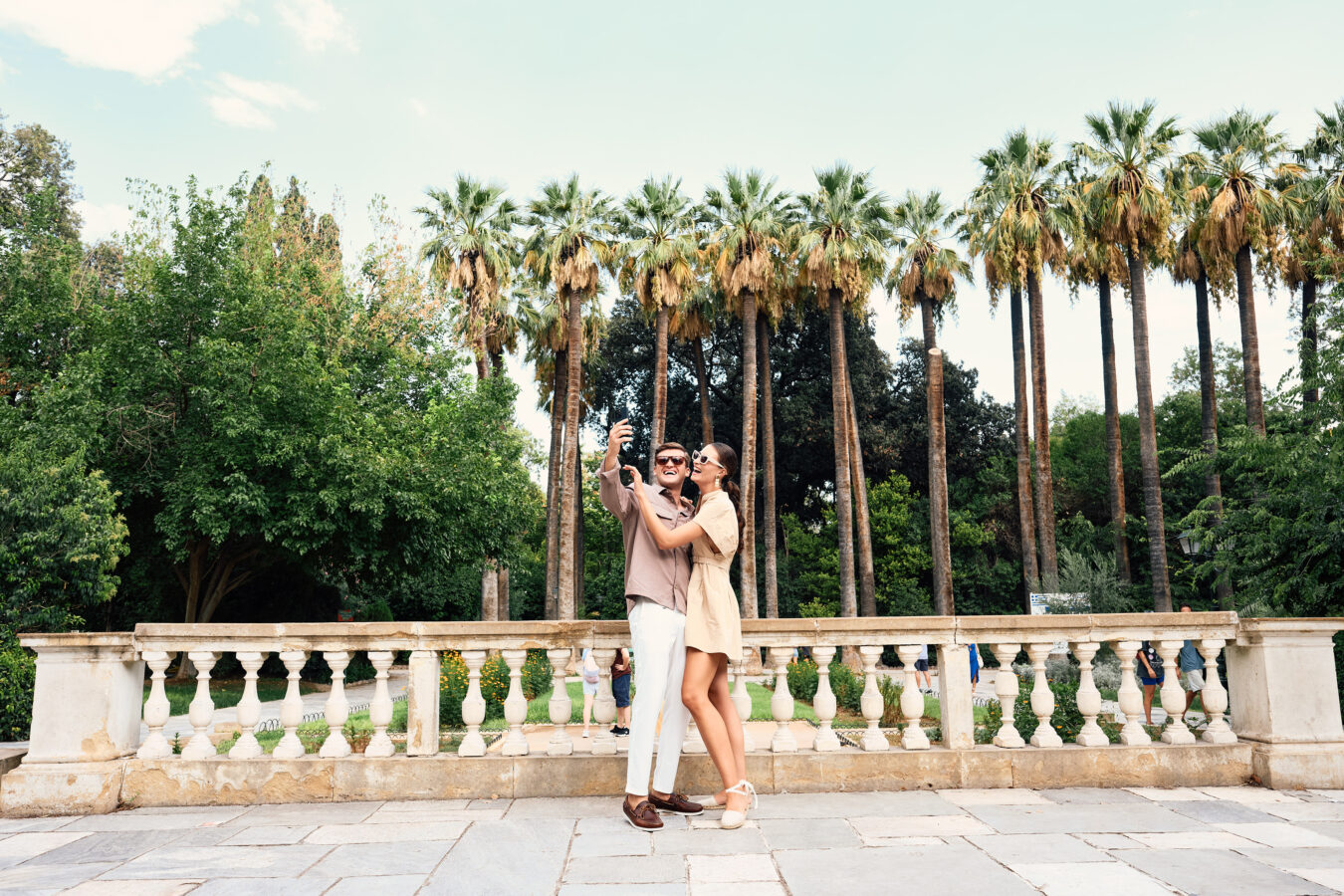 Couple taking a selfie at the National Garden, on a day dedicated to discovering some fun things to do in Athens for adults.