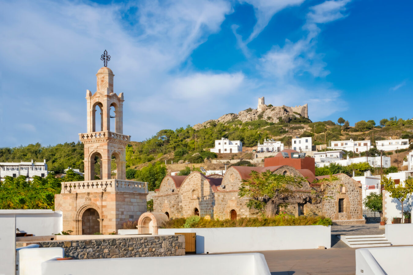The church and castle of Asklipio Rhodes on a lovely summer day.