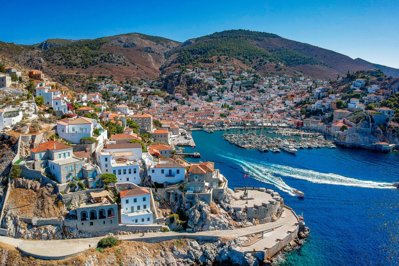 Aerial view of Hydra island, one of the best Greek islands to visit in October from Athens.